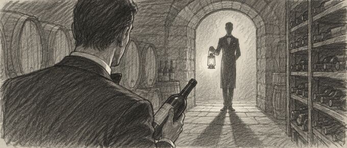 Storyboard-Skizze: über Werners Schulter, der Sommelier im Türrahmen